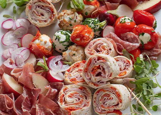 Sweet Piquanté Pepper Ham Pinwheels Goats Cheese Nosh Board