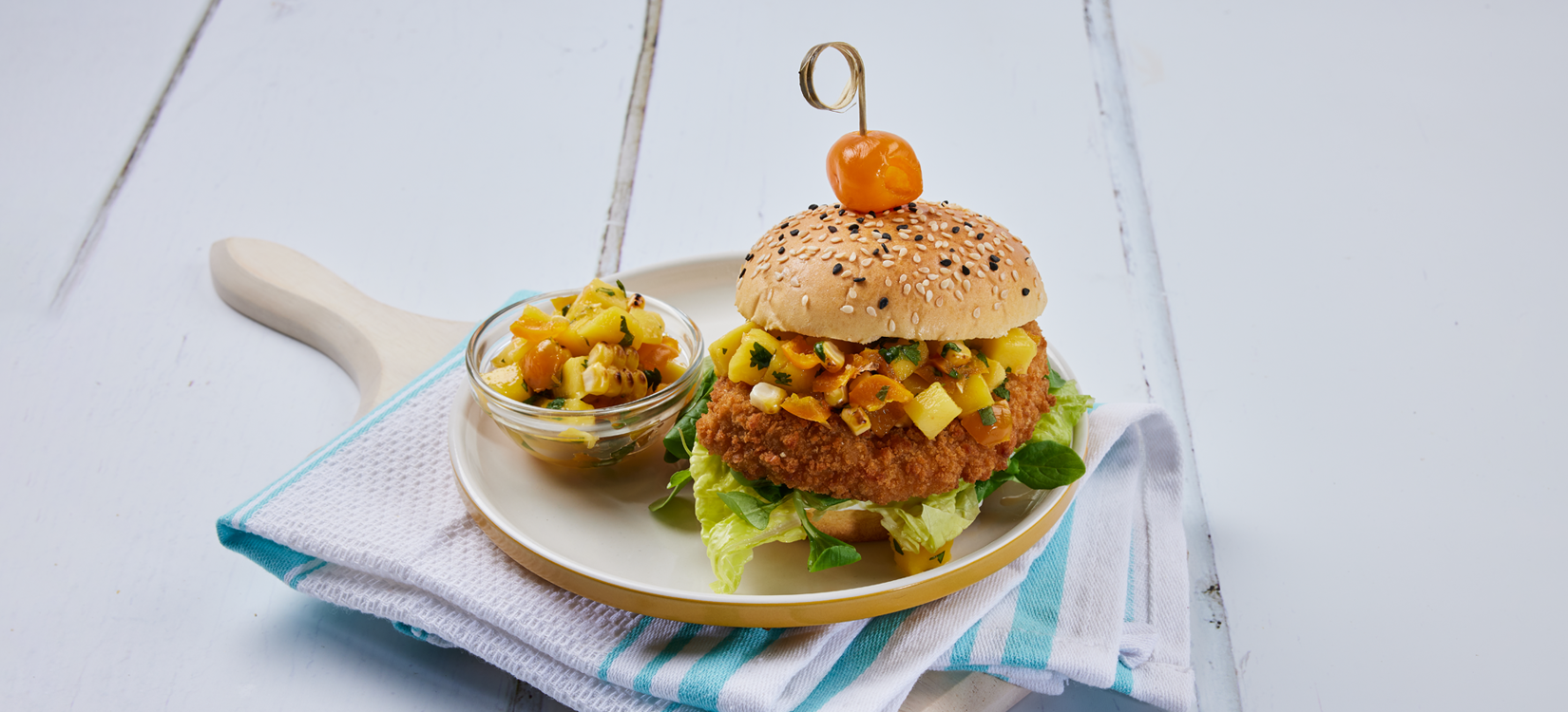 Chicken Burger with Yellow Piquanté Pepper Salsa