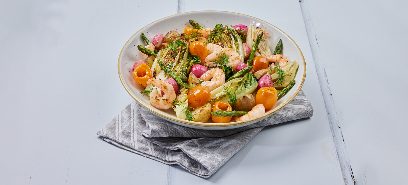 Roasted Little Gem Salad with Zingy Prawns