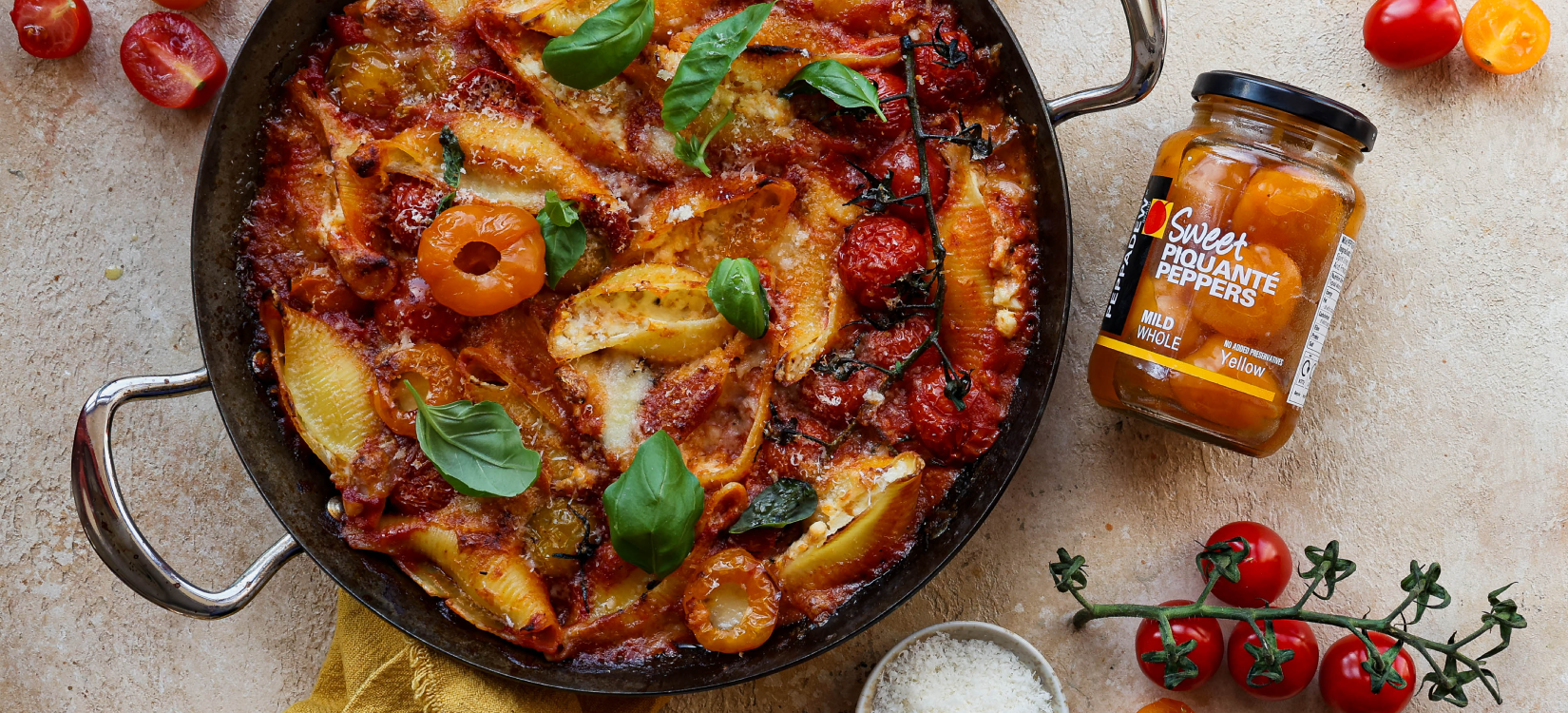 Three Cheese Peppadew® Yellow Piquanté Pepper Stuffed Fontina Shells Three Cheese Peppadew® Yellow Piquanté Pepper Stuffed Fontina Shells