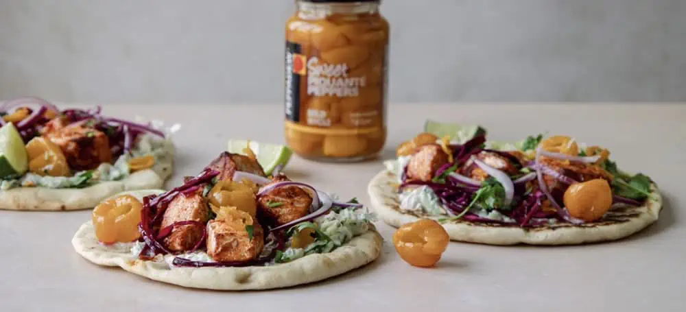 Spiced Salmon Flatbreads with Yellow Piquanté Pepper Tzatziki