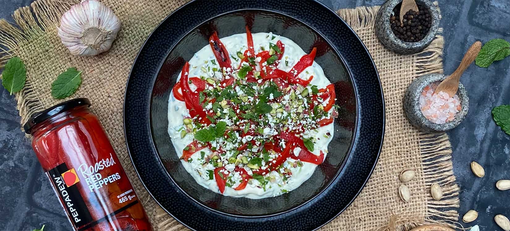 Tzatziki with Roasted Red Peppers and Crumble Topping