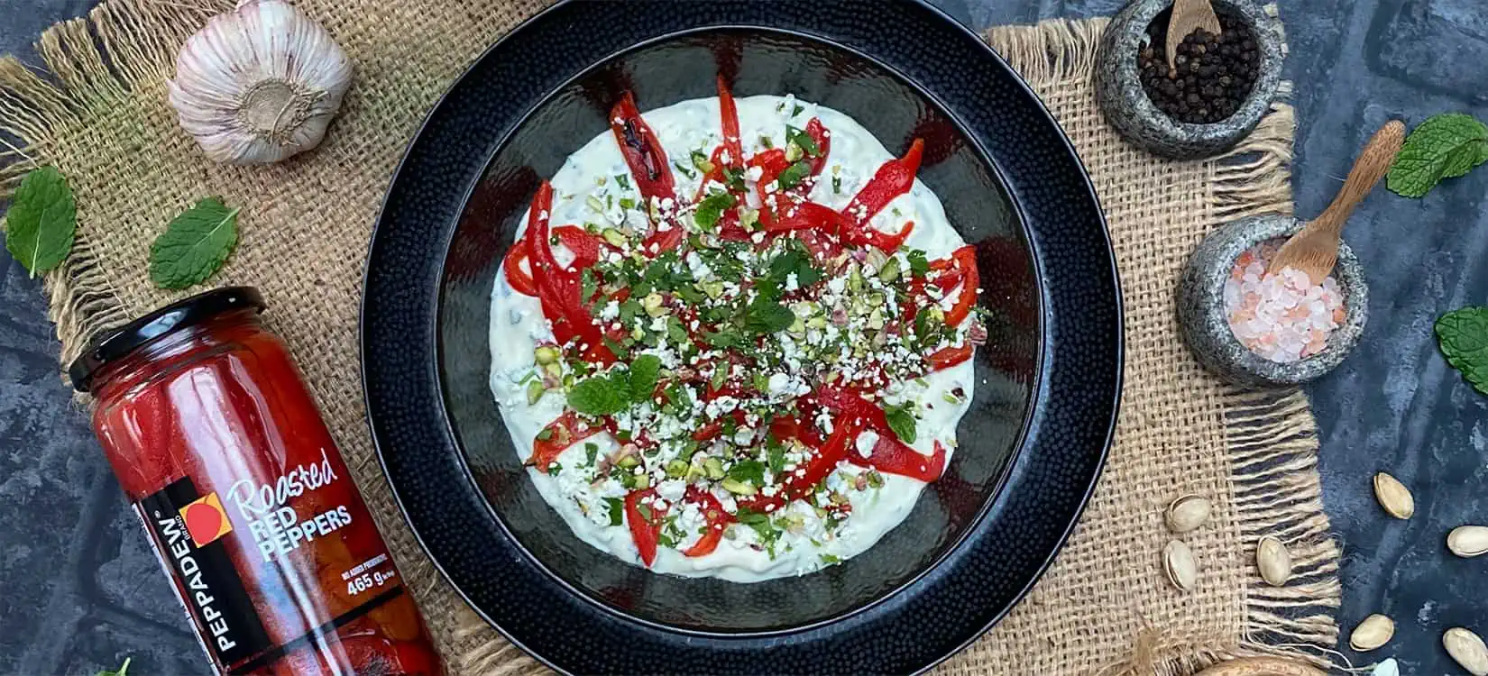 Tzatziki with Roasted Red Peppers and Crumble Topping