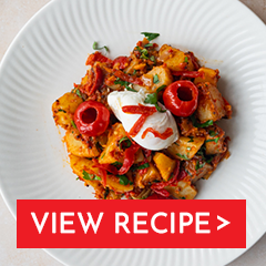 bombay potatoes with poached eggs and red piquanté peppers