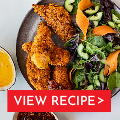 buffalo style peppadew® chipotle crunch chicken fillets with chipotle mayo and hot honey chipotle dip