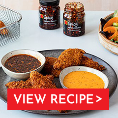 buffalo style peppadew® chipotle crunch chicken fillets with chipotle mayo and hot honey dip