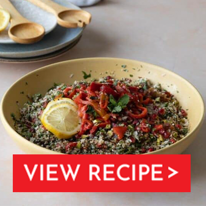 cauliflower quinoa tabbouleh salad with roasted red peppers