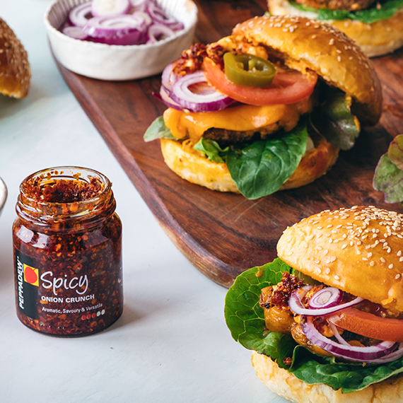 Double smash burger made with Spicy onion crunch