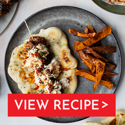 peppadew® onion crunch lamb kebabs and mint onion crunch yoghurt with homemade flatbreads