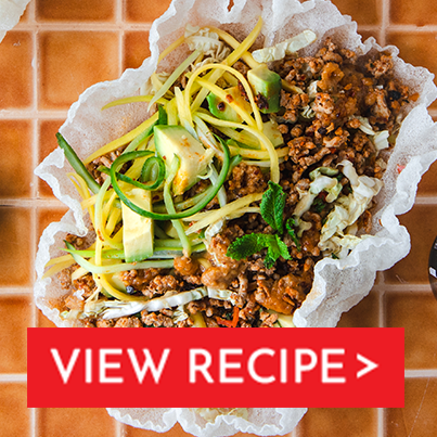 pork larb crispy rice paper crackers with chipotle crunch peanut dipping sauce