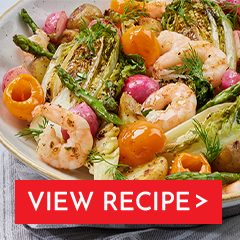 roasted little gem salad with zingy prawns