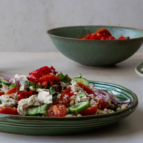 Roasted red pepper tomato tuna white bean salad