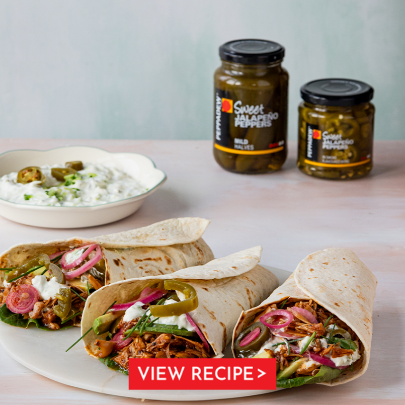 sweet jalapeno smoky slices 250g bbq jackfruit pulled pork tortilla wraps with sweet jalapeño peppers with vegan tzatziki