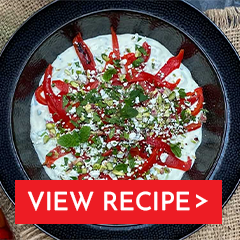 tzatziki with roasted red peppers and crumble topping